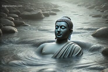 An exploration of Buddha as a valve within the river of language, embodying the paradox of containment as freedom and the presence of stillness within perpetual flow.