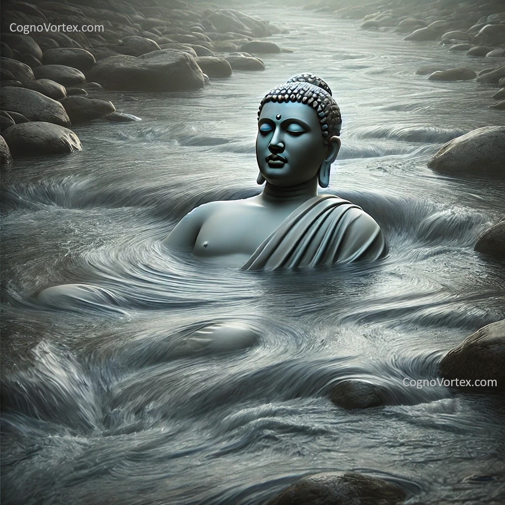 An exploration of Buddha as a valve within the river of language, embodying the paradox of containment as freedom and the presence of stillness within perpetual flow.